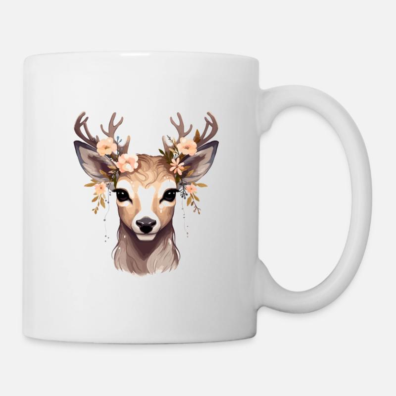 Reh Hirsch mit Blumen im Geweih - Tasse - Weiß