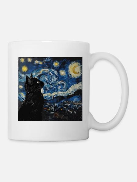 Schwarze katze, katze, Van Gogh, Sternennacht - Tasse - Weiß