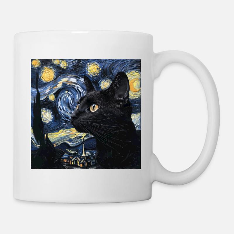schwarze katze, katzen, van gogh, sternennacht - Tasse - Weiß