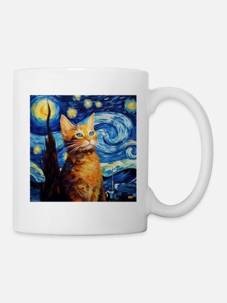 Katze, katzenmotiv, van gogh, sternennacht - Tasse - Weiß