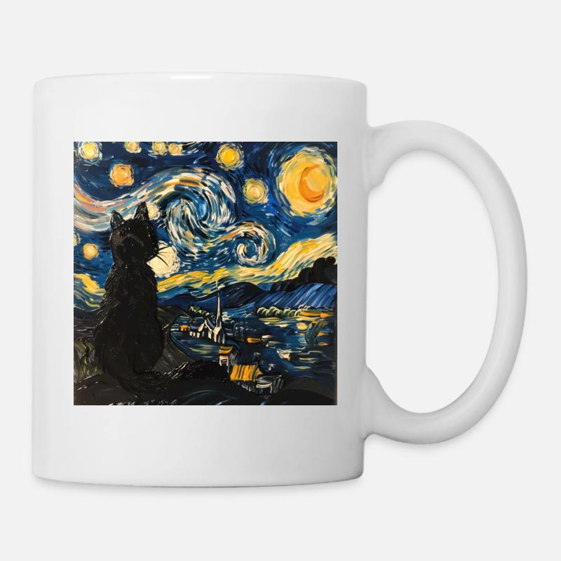 Katze, katzenmotiv, van gogh, sternennacht - Tasse - Weiß