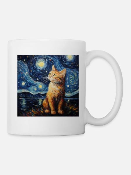Katze, katzenmotiv, van gogh, sternennacht - Tasse - Weiß