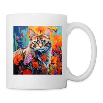 Katze, katzenmotiv, blumen, geschenk, geschenkidee - Tasse - Weiß - Rechts