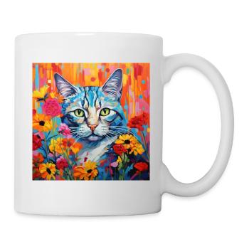 Katze, katzenmotiv, blumen, geschenk, geschenkidee - Tasse - Weiß - Rechts