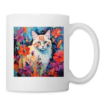 Katze, katzenmotiv, blumen, geschenk, geschenkidee - Tasse - Weiß - Rechts