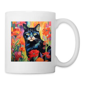 Katze, katzenmotiv, blumen, geschenk, geschenkidee - Tasse - Weiß - Rechts