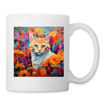 Katze, katzenmotiv, blumen, geschenk, geschenkidee - Tasse - Weiß - Rechts
