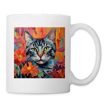 Katze, katzenmotiv, blumen, geschenk, geschenkidee - Tasse - Weiß - Rechts