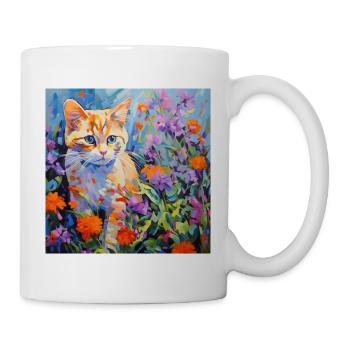 Katze, katzenmotiv, blumen, geschenk, geschenkidee - Tasse - Weiß - Rechts