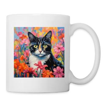 chat, motif de chat, fleurs, cadeau, idée cadeau - Mug blanc - blanc - Droite