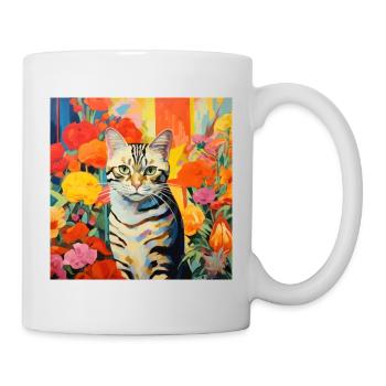 Katze, katzenmotiv, blumen, geschenk, geschenkidee - Tasse - Weiß - Rechts