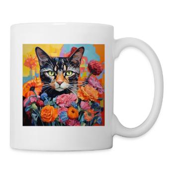 Katze, katzenmotiv, blumen, geschenk, geschenkidee - Tasse - Weiß - Rechts
