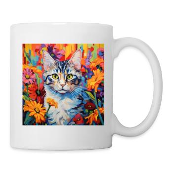 chat, motif de chat, fleurs, cadeau, idée cadeau - Mug blanc - blanc - Droite