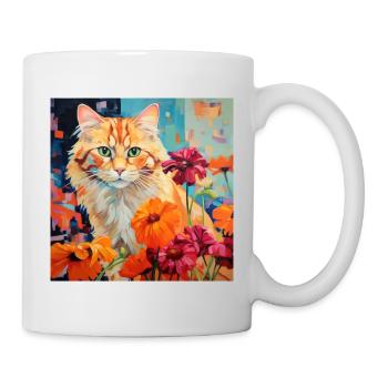 Katze, katzenmotiv, blumen, geschenk, geschenkidee - Tasse - Weiß - Rechts