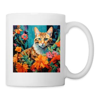 Katze, katzenmotiv, blumen, geschenk, geschenkidee - Tasse - Weiß - Rechts