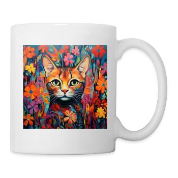 Katze, katzenmotiv, blumen, geschenk, geschenkidee - Tasse - Weiß - Rechts