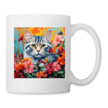 Katze, katzenmotiv, blumen, geschenk, geschenkidee - Tasse - Weiß - Rechts