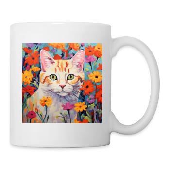 Katze, katzenmotiv, blumen, geschenk, geschenkidee - Tasse - Weiß - Rechts