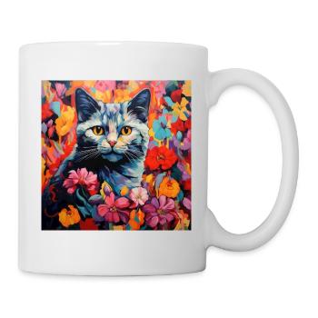 Katze, katzenmotiv, blumen, geschenk, geschenkidee - Tasse - Weiß - Rechts