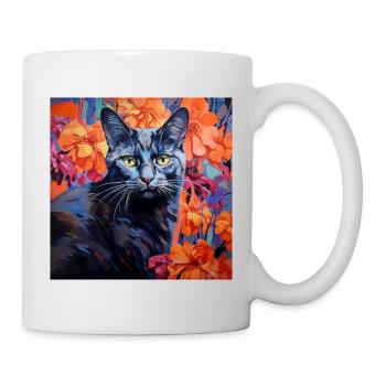 Katze, katzenmotiv, blumen, geschenk, geschenkidee - Tasse - Weiß - Rechts
