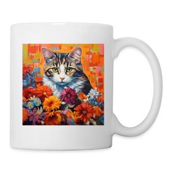 chat, motif de chat, fleurs, cadeau, idée cadeau - Mug blanc - blanc - Droite