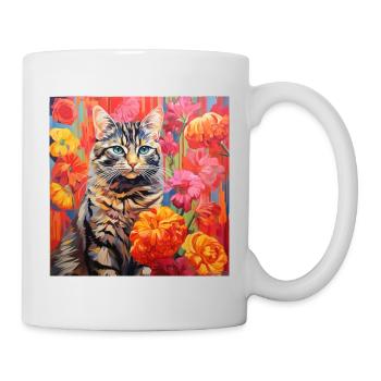Katze, katzenmotiv, blumen, geschenk, geschenkidee - Tasse - Weiß - Rechts