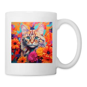 Katze, katzenmotiv, blumen, geschenk, geschenkidee - Tasse - Weiß - Rechts