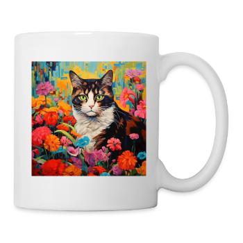 Katze, katzenmotiv, blumen, geschenk, geschenkidee - Tasse - Weiß - Rechts