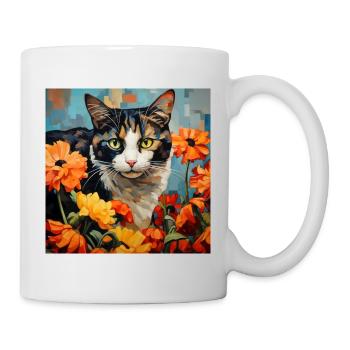 Katze, katzenmotiv, blumen, geschenk, geschenkidee - Tasse - Weiß - Rechts