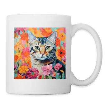 Katze, katzenmotiv, blumen, geschenk, geschenkidee - Tasse - Weiß - Rechts
