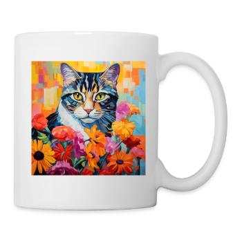 Katze, katzenmotiv, blumen, geschenk, geschenkidee - Tasse - Weiß - Rechts