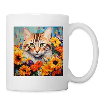 Katze, katzenmotiv, blumen, geschenk, geschenkidee - Tasse - Weiß - Rechts