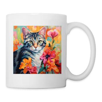 chat, motif de chat, fleurs, cadeau, idée cadeau - Mug blanc - blanc - Droite