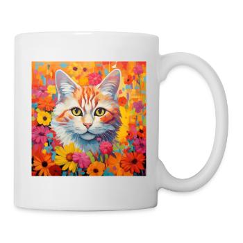 Katze, katzenmotiv, blumen, geschenk, geschenkidee - Tasse - Weiß - Rechts