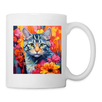 Katze, katzenmotiv, blumen, geschenk, geschenkidee - Tasse - Weiß - Rechts