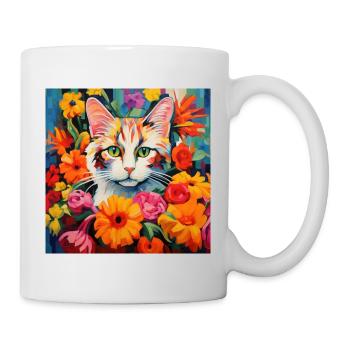 Katze, katzenmotiv, blumen, geschenk, geschenkidee - Tasse - Weiß - Rechts