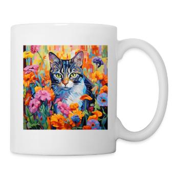 chat, motif de chat, fleurs, cadeau, idée cadeau - Mug blanc - blanc - Droite