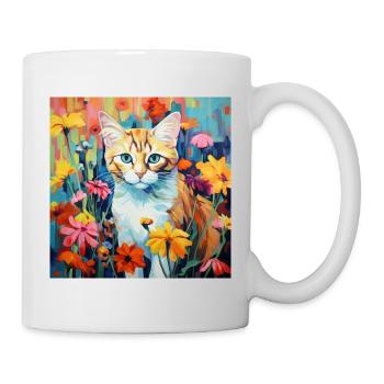 Katze, katzenmotiv, blumen, geschenk, geschenkidee - Tasse - Weiß - Rechts