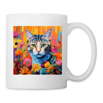 chat, motif de chat, fleurs, cadeau, idée cadeau - Mug blanc - blanc - Droite