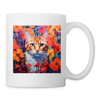Katze, katzenmotiv, blumen, geschenk, geschenkidee - Tasse - Weiß - Rechts