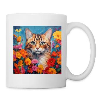 Katze, katzenmotiv, blumen, geschenk, geschenkidee - Tasse - Weiß - Rechts
