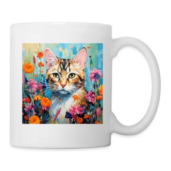 chat, motif de chat, fleurs, cadeau, idée cadeau - Mug blanc - blanc - Droite