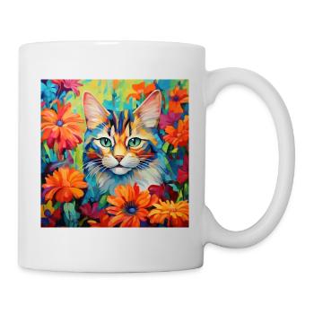 Katze, katzenmotiv, blumen, geschenk, geschenkidee - Tasse - Weiß - Rechts