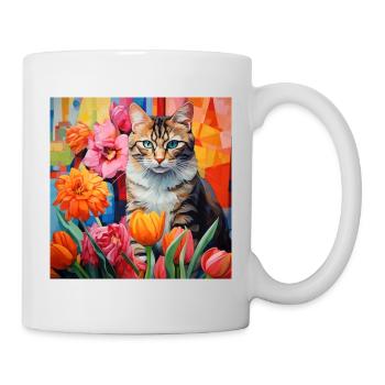 chat, motif de chat, fleurs, cadeau, idée cadeau - Mug blanc - blanc - Droite