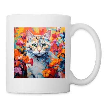 chat, motif de chat, fleurs, cadeau, idée cadeau - Mug blanc - blanc - Droite