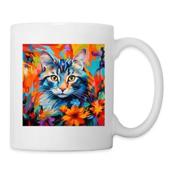 Katze, katzenmotiv, blumen, geschenk, geschenkidee - Tasse - Weiß - Rechts