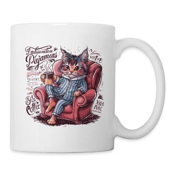 Lustige Katze im Pyjama und Kaffeetasse Katzen - Tasse - Weiß - Rechts