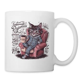 Lustige Katze im Pyjama und Kaffeetasse Katzen - Tasse - Weiß - Rechts