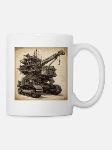 Bauplan / Sepia / Vintage / Retro / Bagger - Tasse - Weiß