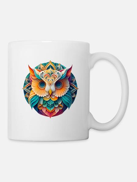 Bunte Eule im Mandala Design - Tasse - Weiß